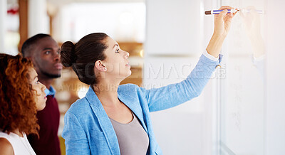 Buy stock photo Teamwork, business people and problem solving in meeting for brainstorming, ideas or planning in office. Creative employees, diversity and writing on glass board for solution, strategy or schedule