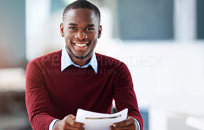 Buy stock photo Smile, documents and portrait of black man in office reading legal policy review for corporate case. Happy, confident and professional male lawyer with paperwork for research information in workplace