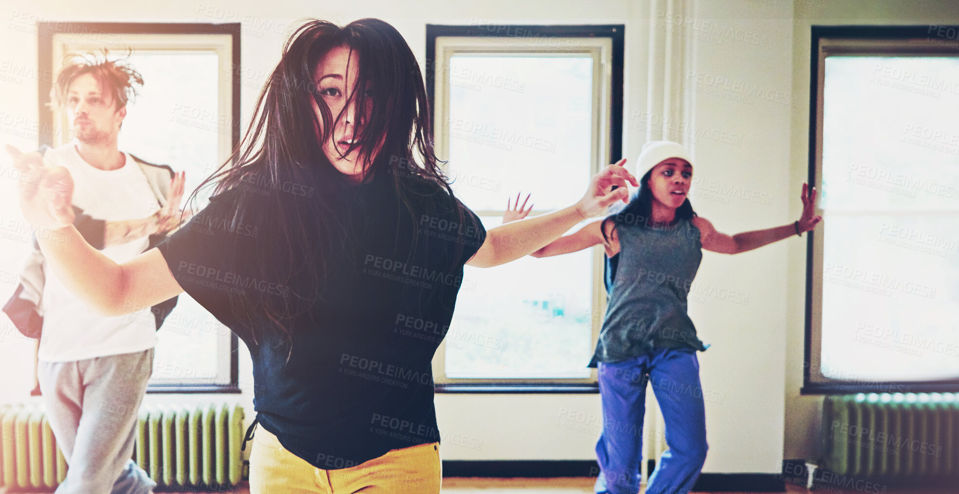 Buy stock photo Breakdance, hip hop and group in studio with culture or rehearsal with style for rhythm with energy. People, performance and expression with practice for event in Brazil with creative confidence