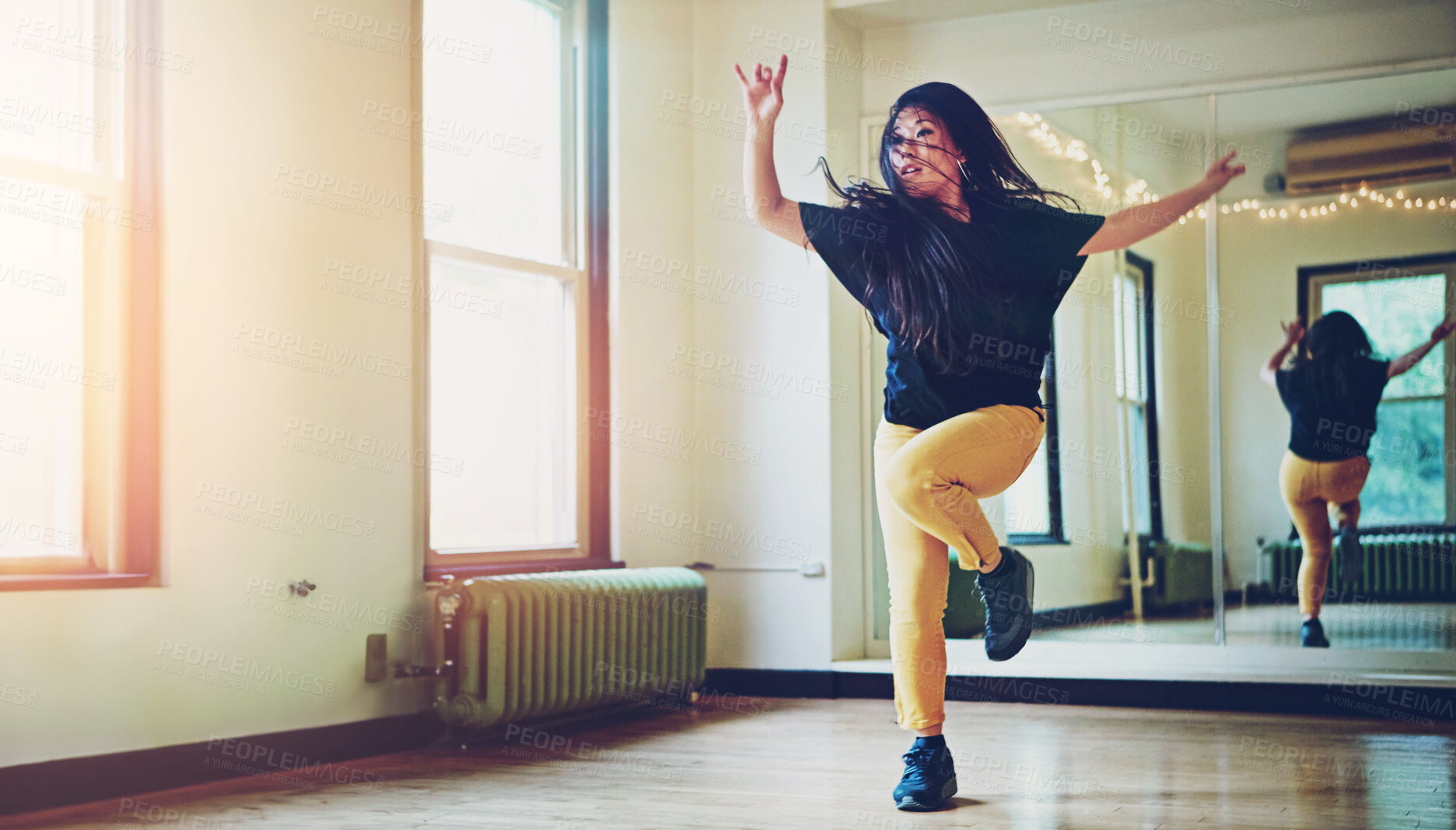 Buy stock photo Woman, dancing and studio with hip hop for practice and alone, mirror with reflection and workout. Female dancer, performance and class with glass for exercise, moving with freedom in New York City