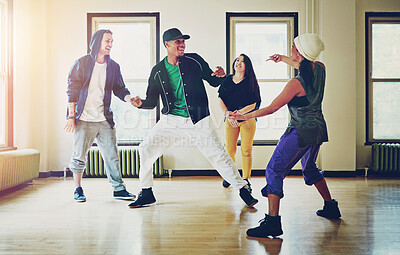 Buy stock photo Hiphop, class and group dance together, talent and performance and movement art practice for competition. Dancer, music and culture with diversity friends with energy, fun and expression for joy