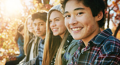 Buy stock photo Boy, friends and nature with relax or portrait with casual, trees in park with smile. Group, people or young for teenager or happy with diversity in garden for friendship, youth or wellness in Canada