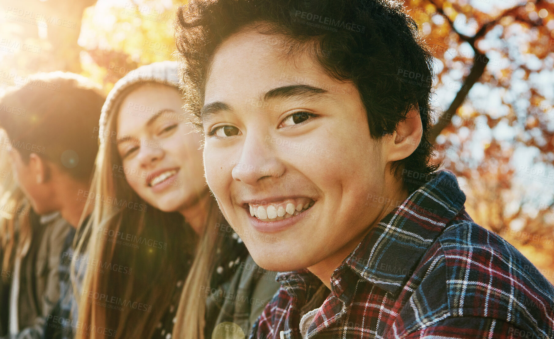 Buy stock photo Portrait, smile and friends with autumn, park and nature for college break and bonding. Group, forest and diversity with confident, gen z and Canada vacation or university holiday together in woods