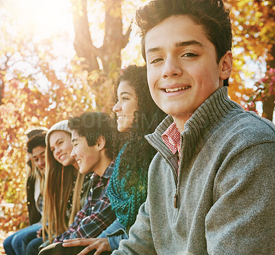 Buy stock photo Boy, friends and park with relax or teen with casual, trees in nature with smile. Group, people and young in portrait or happy with diversity in garden for friendship, youth or wellness in Canada