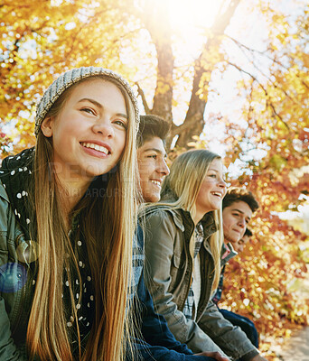 Buy stock photo Nature, happy and group of teenagers on vacation, adventure or weekend trip together in Autumn. Smile, travel and young friends on holiday sitting in outdoor garden, park or field in New Zealand.