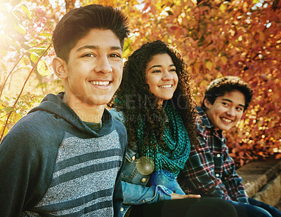 Buy stock photo Boy, friends and park with relax or teen with casual, trees in nature with smile. Group, people and young in portrait or happy with diversity in garden for friendship, youth or wellness in Canada