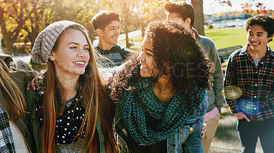 Buy stock photo Teenager, walking and talking with friends in park, nature or social group outdoor together with funny conversation. Happy, teen and kids laugh at joke with best friend in community or relax in fall