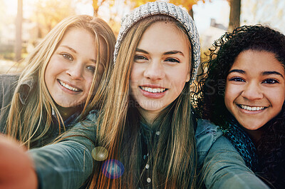 Buy stock photo Girl, friends and selfie with portrait in nature for profile picture update, social media post and holiday memory with smile. Group, people and happy with photography on winter vacation with bokeh