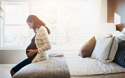 Buy stock photo Home, excited and pregnant woman with happiness, relax and rest with fertility, wellness and cheerful. Person, bedroom and girl with pregnancy, motherhood and belly with maternity leave and healthy