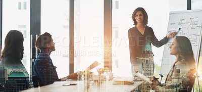 Buy stock photo Business, people and presentation in office with whiteboard, real estate and architecture design for city development. Contractor, brainstorming and team and discussion, professional and engineer