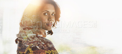 Buy stock photo Woman, double exposure and portrait by city, buildings or mockup space for development with urban expansion. Person, civil engineering and happy with town planning, infrastructure and growth in metro