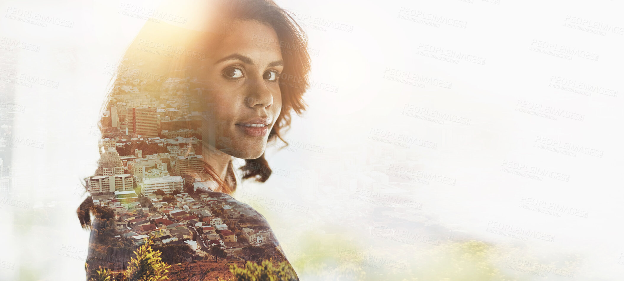 Buy stock photo Woman, double exposure and portrait by city, buildings or mockup space for development with urban expansion. Person, civil engineering and happy with town planning, infrastructure and growth in metro