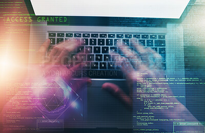 Buy stock photo Hands, holographic and man with laptop, hacker and coding with internet, system and keyboard. Person, programmer and guy with computer, overlay and cyber security with access and software update