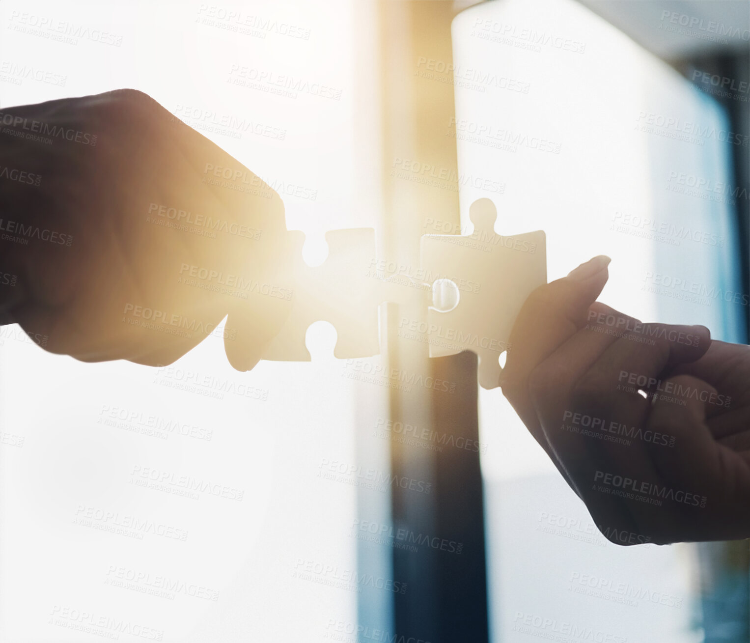 Buy stock photo Solution, closeup and puzzle in hands with innovation in strategy or problem solving in business. Jigsaw, pieces or people networking in team building opportunity to connect in creative collaboration