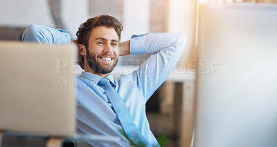 Buy stock photo Businessman, relax and stretching in office with computer for reading, comfortable and satisfied with research. Professional, employee and happy or pride for project inspiration, productivity or done