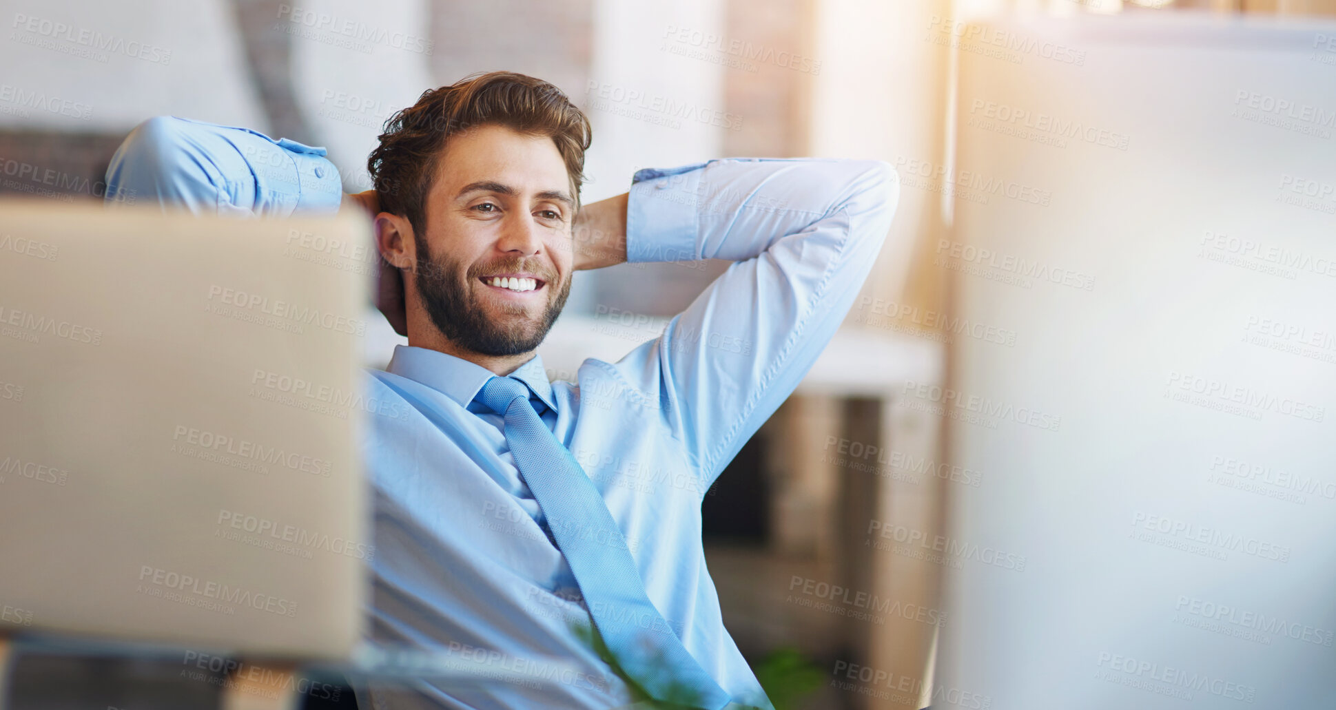 Buy stock photo Businessman, relax and stretching in office with computer for reading, comfortable and satisfied with research. Professional, employee and happy or pride for project inspiration, productivity or done