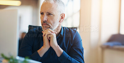 Buy stock photo Thinking, computer and business man in office with idea, brainstorming project and planning. Corporate worker, professional and thoughtful mature person for strategy, problem solving and solution