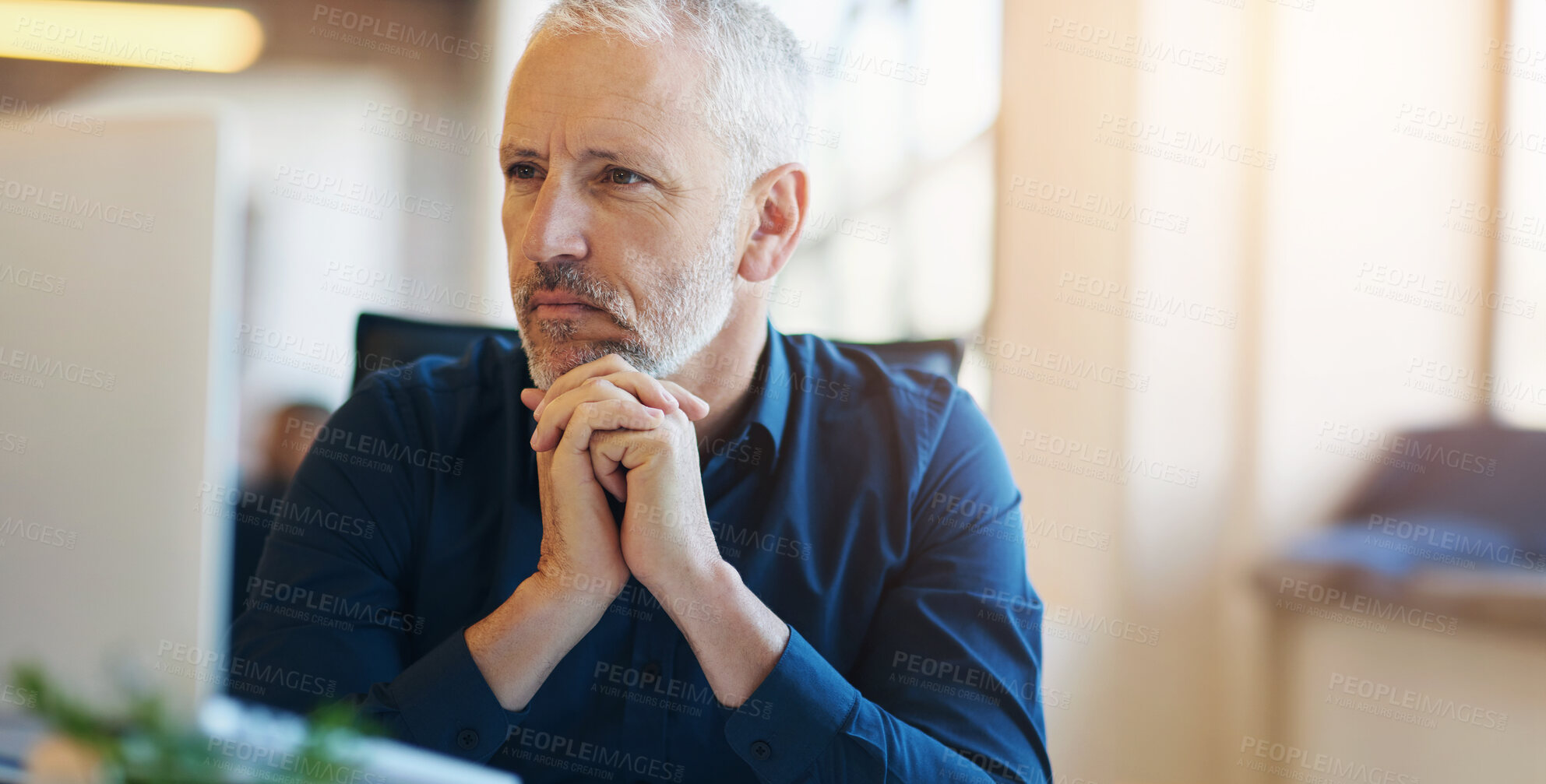 Buy stock photo Thinking, computer and business man in office with idea, brainstorming project and planning. Corporate worker, professional and thoughtful mature person for strategy, problem solving and solution