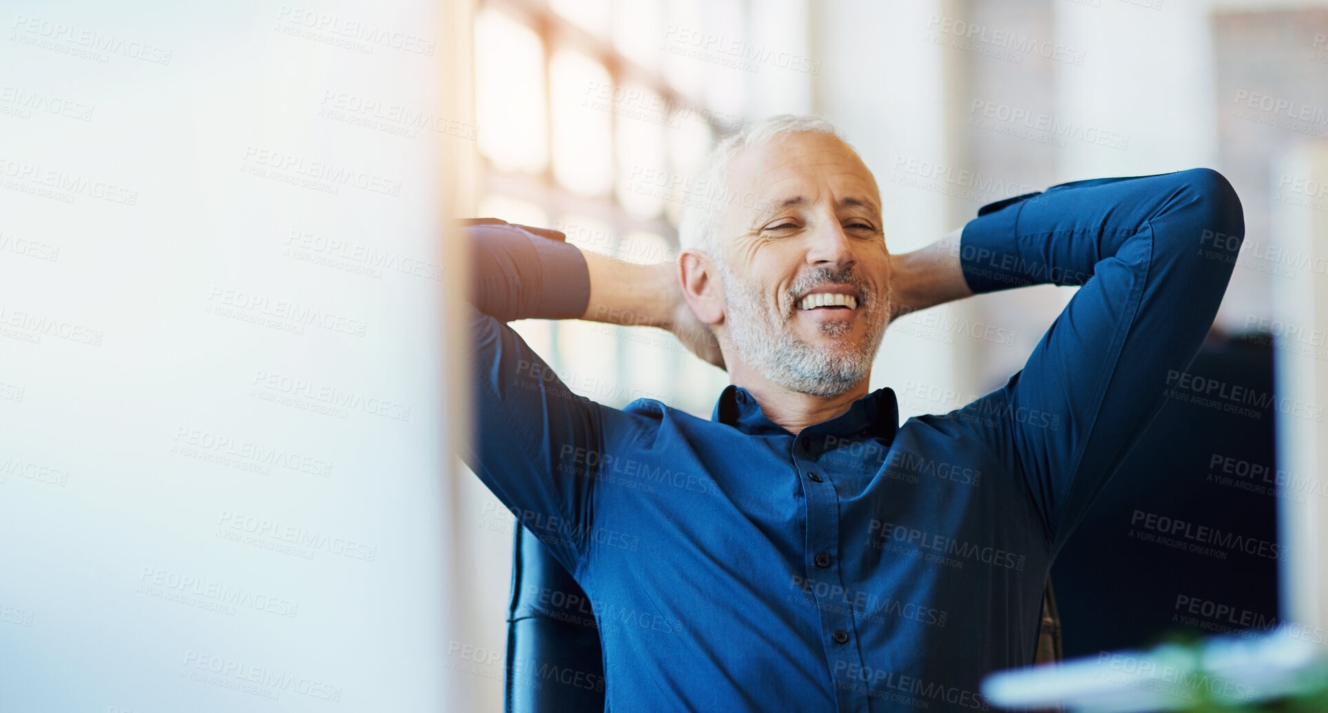 Buy stock photo Mature, businessman and relax in office with stretching in chair for break, comfortable and satisfied with smile. Professional, CEO and happy with pride for project inspiration, productivity and done