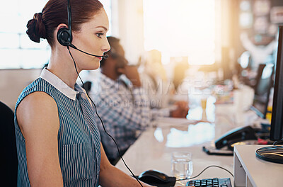 Buy stock photo Business people, call center and woman with customer service, telemarketing and help desk for advice. Employee, insurance consultant and worker with headphones, technical support and communication