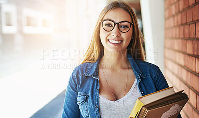 Buy stock photo Woman, portrait and university student with study books on college campus for education, scholarship or academy. Female person, face and academic knowledge with future learning, project or school