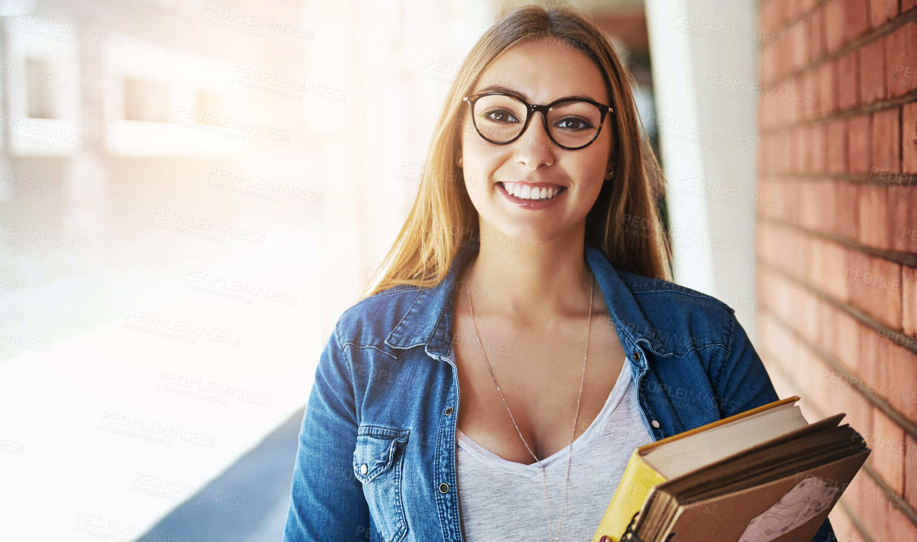 Buy stock photo Woman, portrait and university student with study books on college campus for education, scholarship or academy. Female person, face and academic knowledge with future learning, project or school