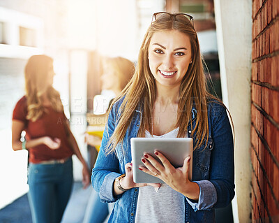 Buy stock photo Portrait, student and girl with tablet, university and search for website info, connection and social media. Face, outdoor or happy woman with tech, digital app and education with internet or college