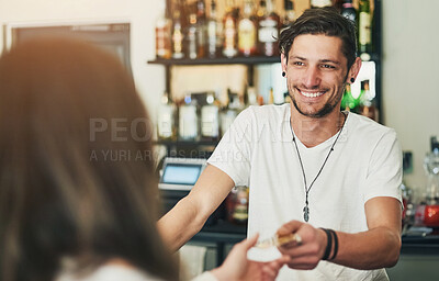 Buy stock photo Bartender, customer and credit card for payment in bar with fintech or happy for service in small business. Banking, barman and consumer with POS at counter for transaction, checkout or order in cafe