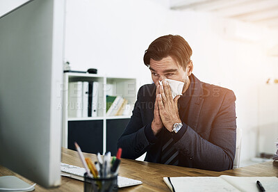 Buy stock photo Sick, sneeze and business man in office with allergies,  blowing nose and virus working at desk. Corporate worker, healthcare and person with tissue for illness, cold and flu with sinus in workplace