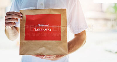 Buy stock photo Man, delivery and restaurant takeaway in outdoor, package and online order for fast food parcel. Hands, male person and distribution of meal or lunch service, takeout and courier for dinner bag