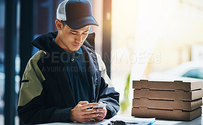 Buy stock photo Office, delivery and man with pizza and phone for distribution, online order and courier service in city. Building, ecommerce and person with boxes for staff lunch, dinner and supper on smartphone