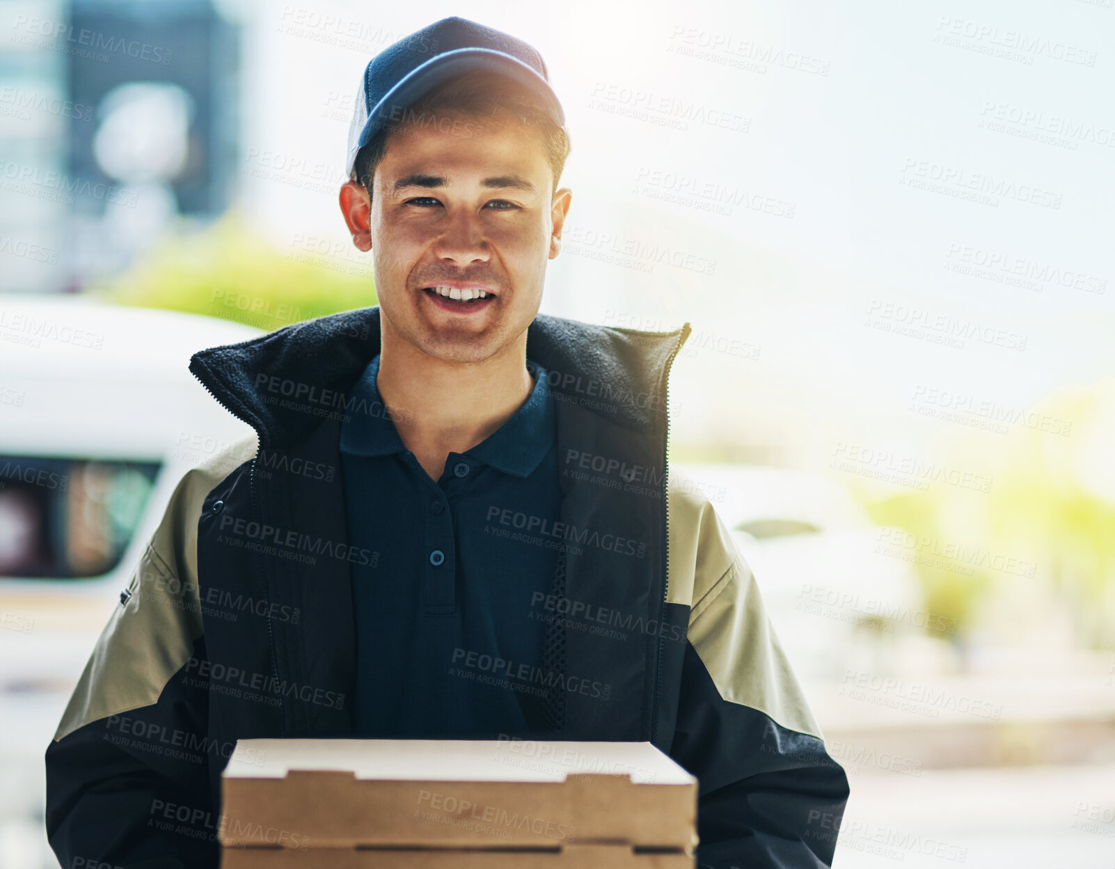 Buy stock photo Fast food, delivery and portrait of man with pizza for distribution, online order and courier service in city. Happy, ecommerce and person with boxes for lunch, dinner and supper to home or office