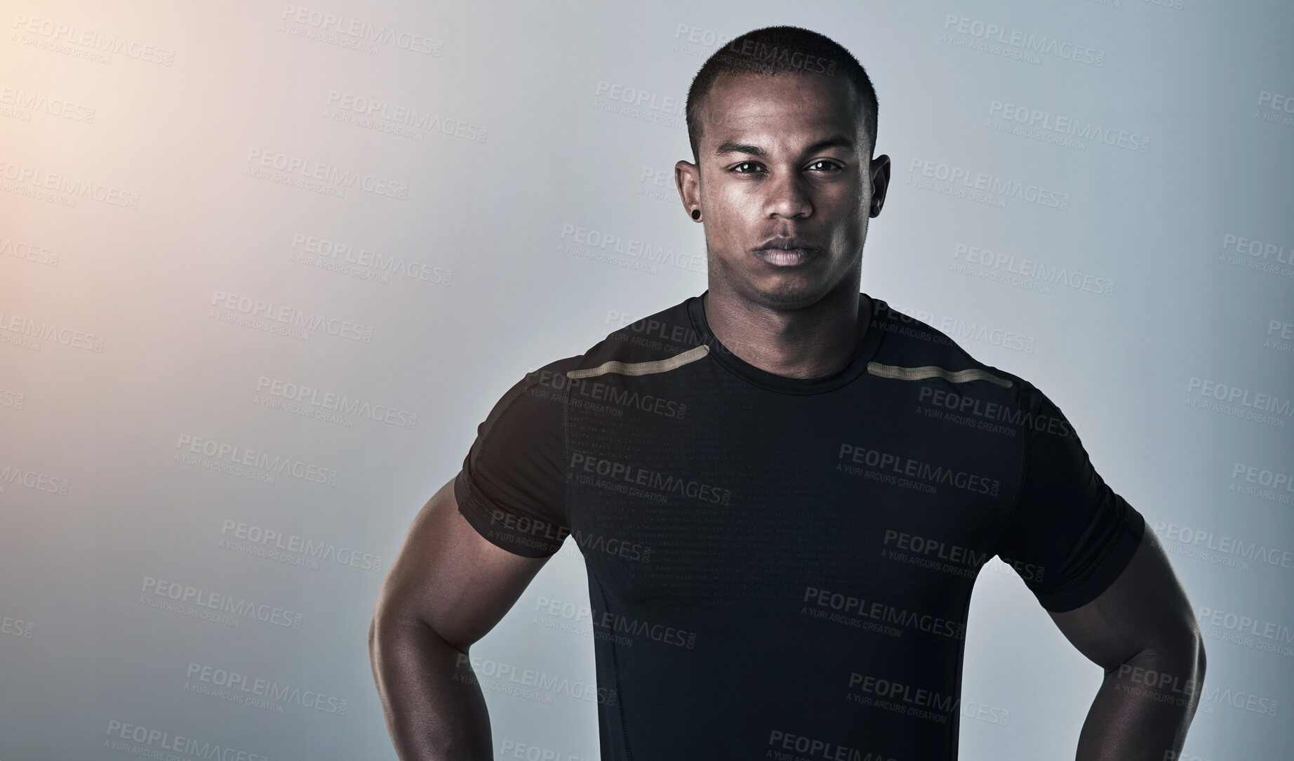 Buy stock photo Fitness, black man and portrait with trainer, muscle and strong with confidence from gym workout. Studio, training and exercise with sport wellness, health and athlete with grey background and mockup