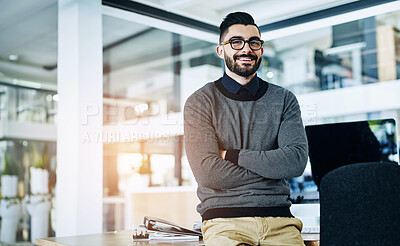 Buy stock photo Morning, crossed arms and portrait of business man in office with company pride, confidence and smile. Creative startup, professional agency and person for career, work and job in modern workplace