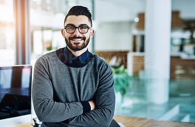 Buy stock photo Happy, crossed arms and portrait of business man in office with company pride, confidence and smile. Creative startup, professional agency and person for career, work and job in modern workplace