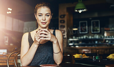 Buy stock photo Woman, coffee shop and relax portrait with latte and happy customer with smile and table. Cup, restaurant and young university student with college break, cafe and tea in store with hot drink and mug