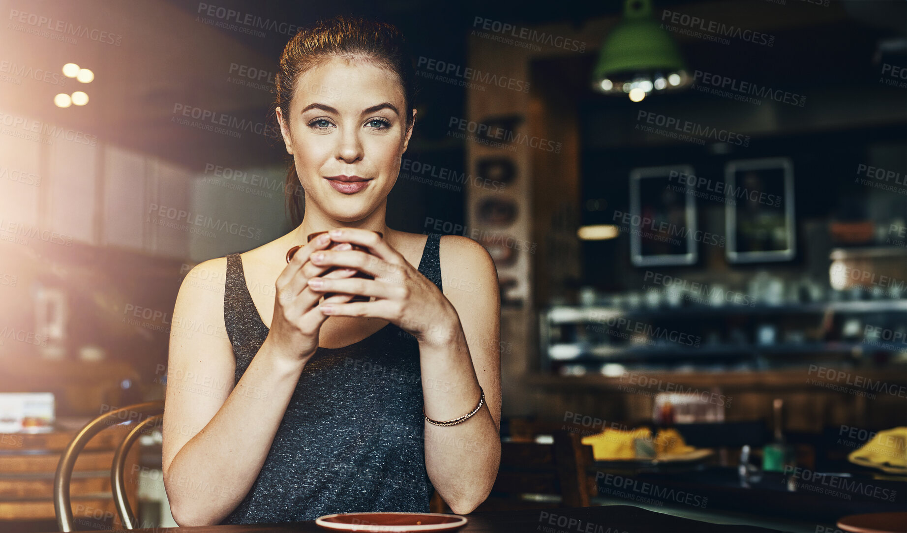 Buy stock photo Woman, coffee shop and relax portrait with latte and happy customer with smile and table. Cup, restaurant and young university student with college break, cafe and tea in store with hot drink and mug
