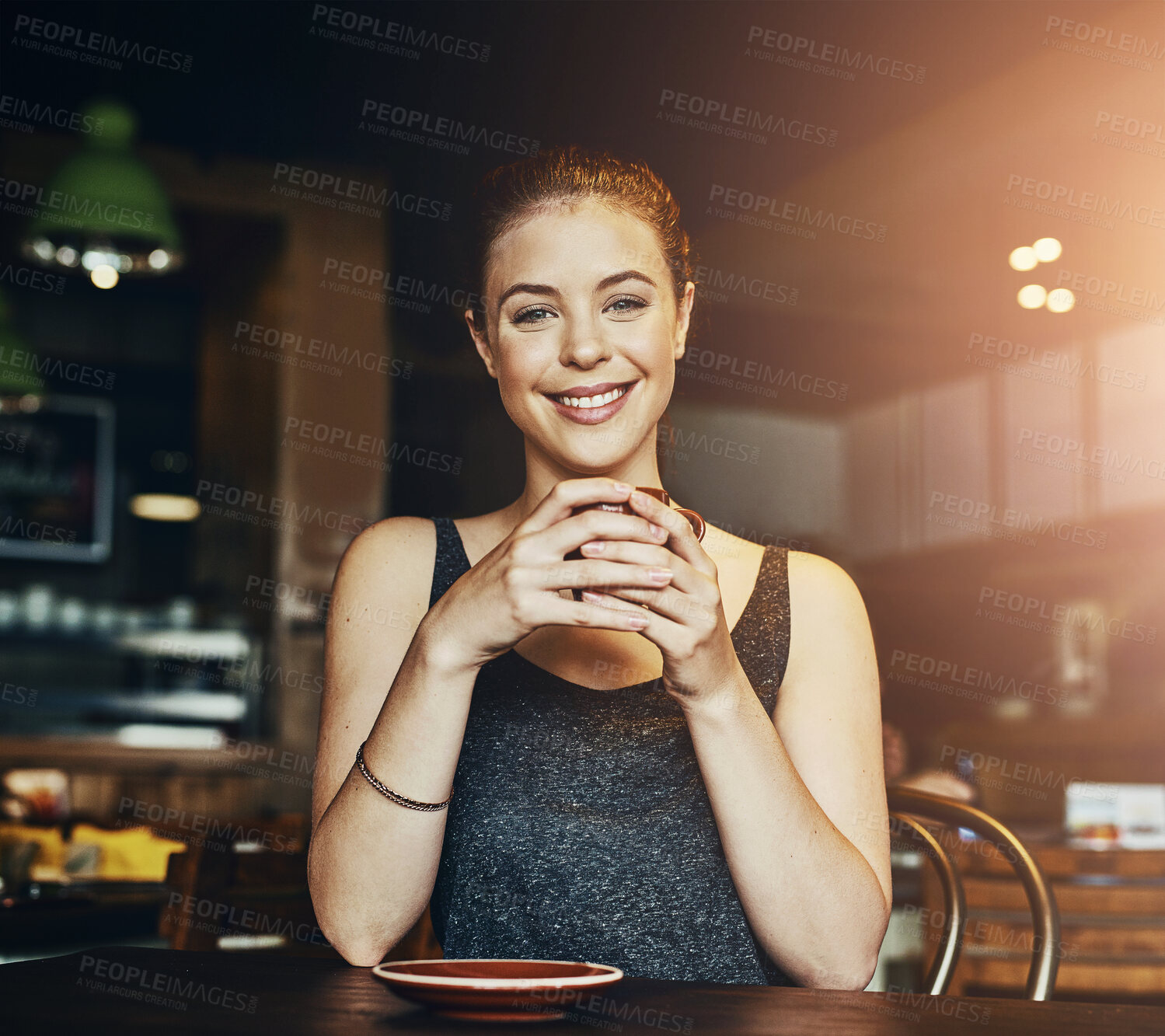 Buy stock photo Woman, coffee shop and portrait with latte and happy customer with smile and table. Cup, restaurant and relax university student with college break, cafe and tea in store with hot drink and mug