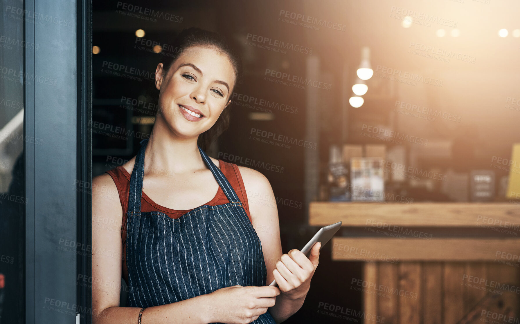 Buy stock photo Happy, coffee shop and portrait of woman on tablet for online order, inventory and check website. Restaurant, small business owner and person on digital tech for welcome, stock and menu in cafe