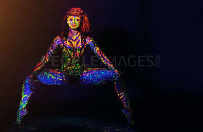 Buy stock photo Body, paint and portrait of woman in studio for art, culture or neon fantasy aesthetic. Creative, design and girl in color makeup for dark dance, identity or character inspiration on black background