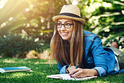 Buy stock photo Park, thinking and woman lying with diary to journal emotion, thoughts and experience outdoor. Nature, female writer and book for self reflection on grass, knowledge and memory of girl on paper