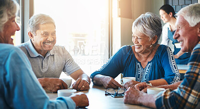 Buy stock photo Elderly, people and group on holiday at cafe to relax on vacation in retirement. Senior, friends and laughing at coffee shop to drink latte, espresso and funny chat in city or morning with tea