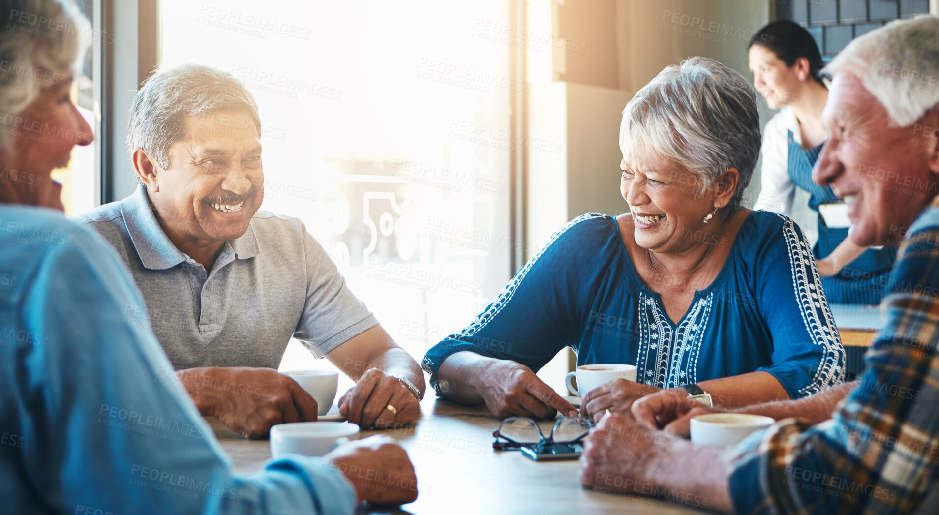 Buy stock photo Elderly, people and group on holiday at cafe to relax on vacation in retirement. Senior, friends and laughing at coffee shop to drink latte, espresso and funny chat in city or morning with tea