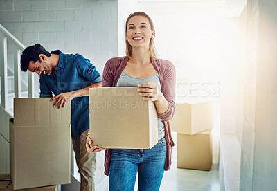 Buy stock photo Couple, moving and new home with boxes, excited and happiness with sunshine, real estate and achievement. Apartment, man and woman with package, cardboard and property with lens flare and mortgage