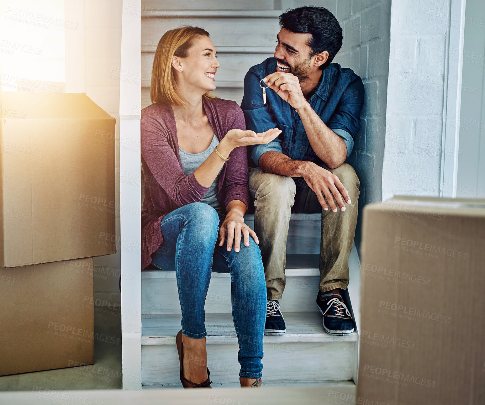 Buy stock photo Couple, relocate and house with key or box, property and  investment with trust and support or mortgage. Opportunity, new home and residential buyer, ownership together and achievement or moving