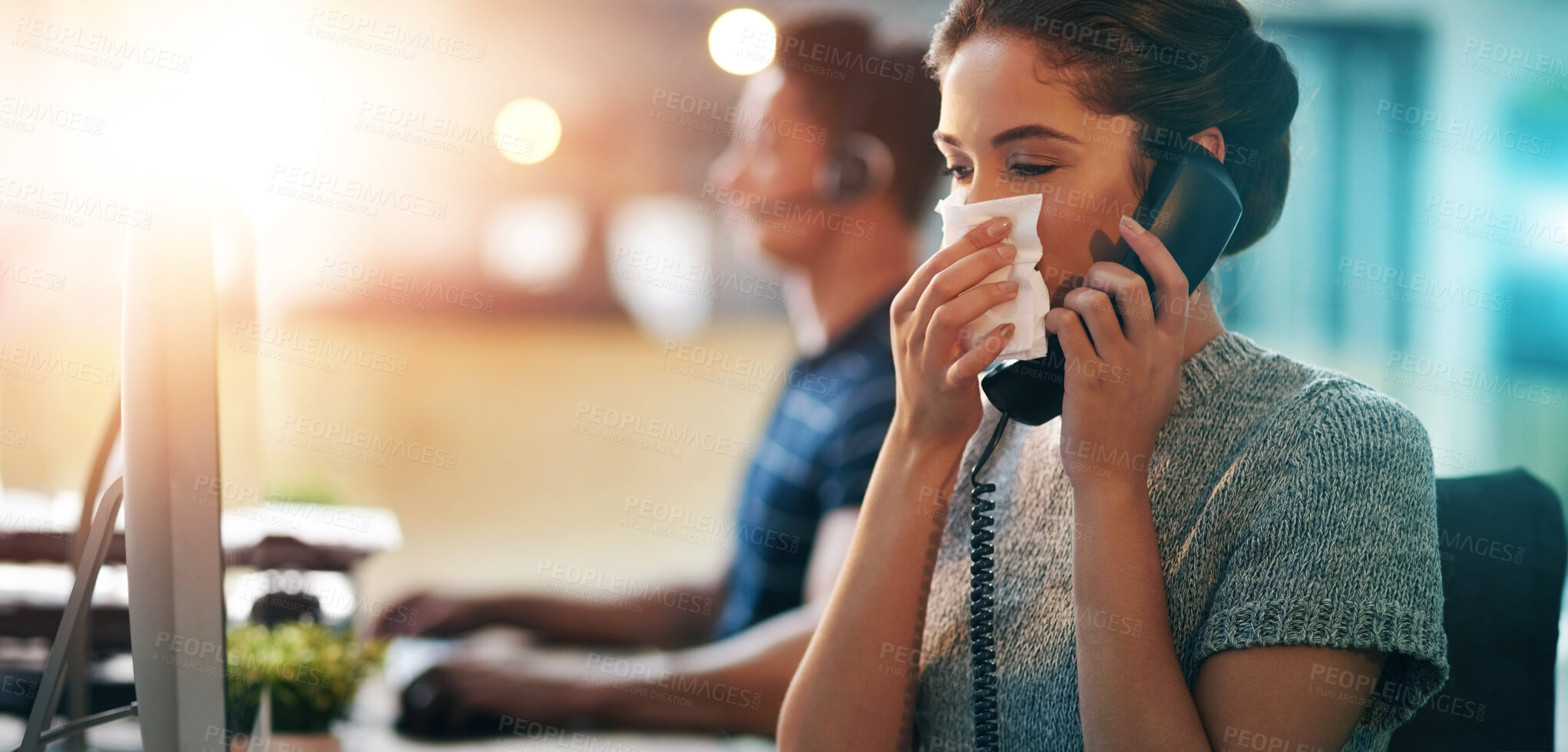 Buy stock photo Sick, phone call and woman blowing nose in office for allergies, virus or flu. Lens flare, call center and female employee with tissue on telephone with client for disease, infection or sneeze