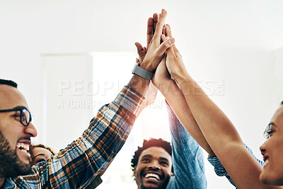 Buy stock photo High five, support and meeting for team building in office, motivation and creative partnership. Business, employees and celebrate for work, mission or collaboration success at startup design company