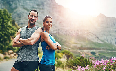 Buy stock photo Portrait, exercise and couple with teamwork, fitness and nature with sunshine, bonding together and workout. Face, people and man with woman, arms crossed and support with training, hobby or wellness