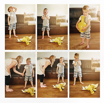 Buy stock photo Collage, mother and boy for scold or trouble after breaking vase at home for punishment and grounding. Mama, child and montage for discipline of kid dropping glass for accident, mistake and learning