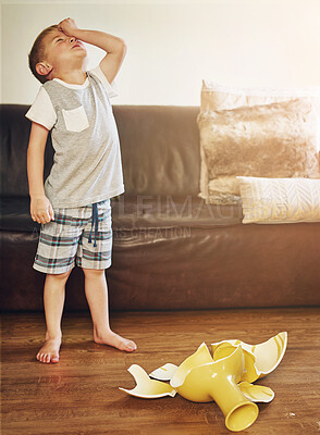 Buy stock photo Child, glass and broken or sad in home or sorry mistake or angry youth with ceramic vase, worry or problem. Boy, hand and unhappy in apartment lounge or frustrated kid in house, destroyed or fail